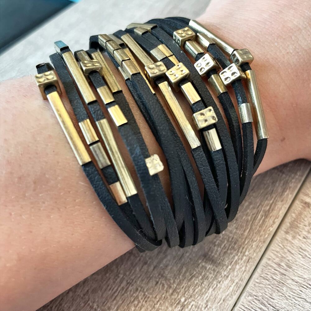 Black Leather Multi-Strap Bracelet w/ Brass Tone Beads Magnetic Clasp